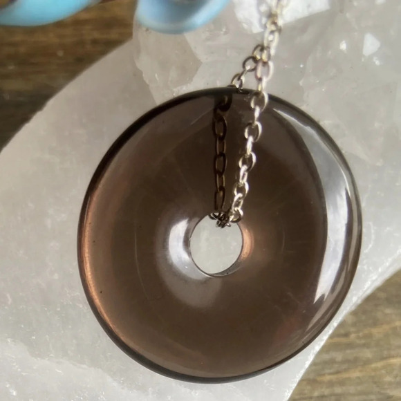 Smokey Quartz donut sterling silver necklace/worry stone healings crystal - Picture 3 of 5